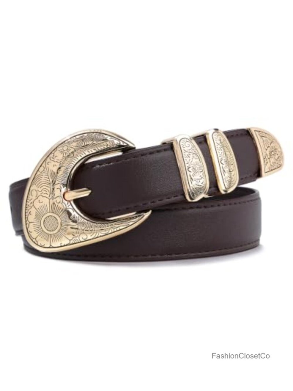 Women's Western Faux Leather Belt Engraved Gold Buckle